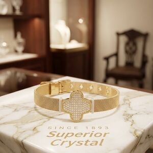 Gold Crystal Clover Mesh Bracelet -